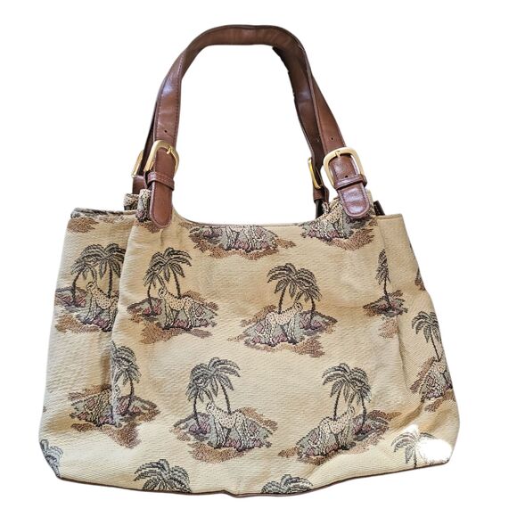 90s Vtg Bueno Large Tan Tapestry Cheetah Tree Animal Shoulder Bag w/ Coin Purse - Picture 3 of 10